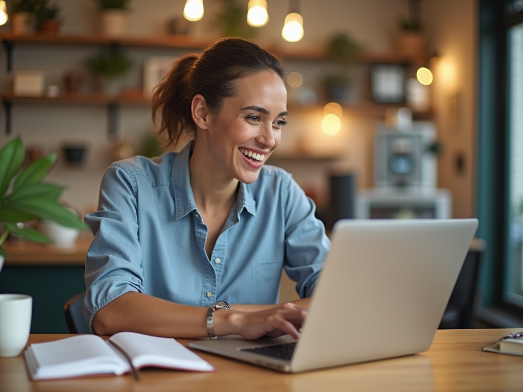 A business owner smiles as she checks the messages coming in through her website on her laptop
